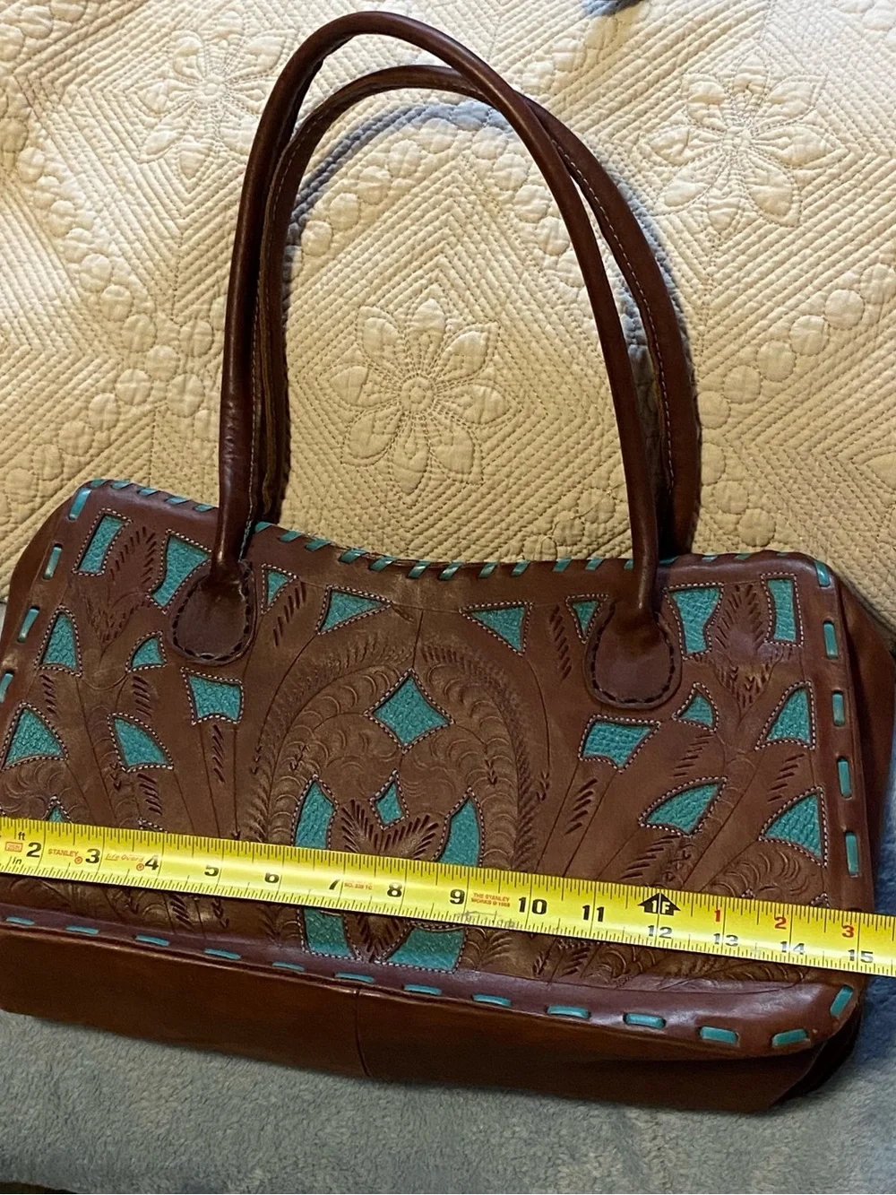 Leaders in Leather Paraguay Handbag Hand Tooled Cutout Satchel Brown Teal EUC